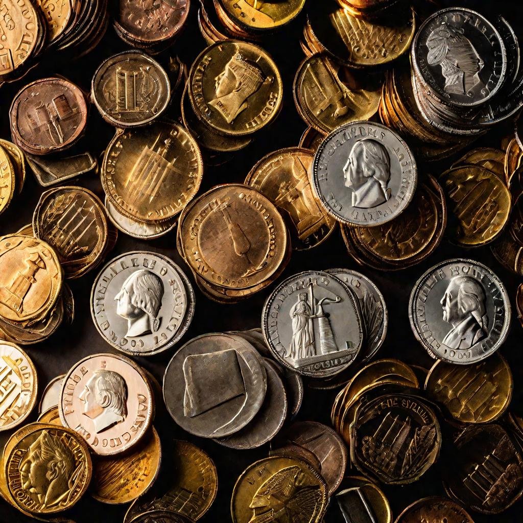 На столе лежат стопки монет, права владения и молоточки