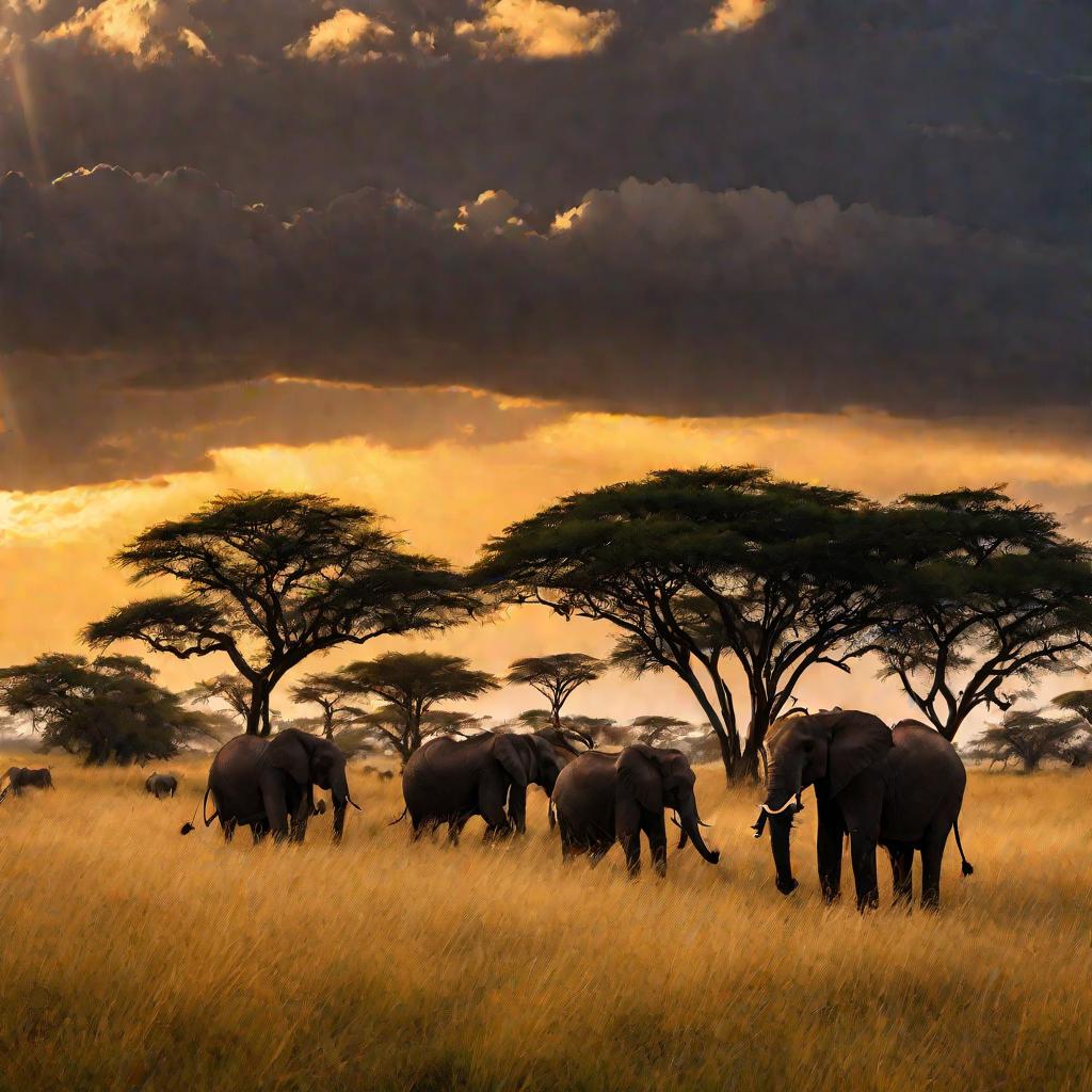 Стая диких слонов на закате