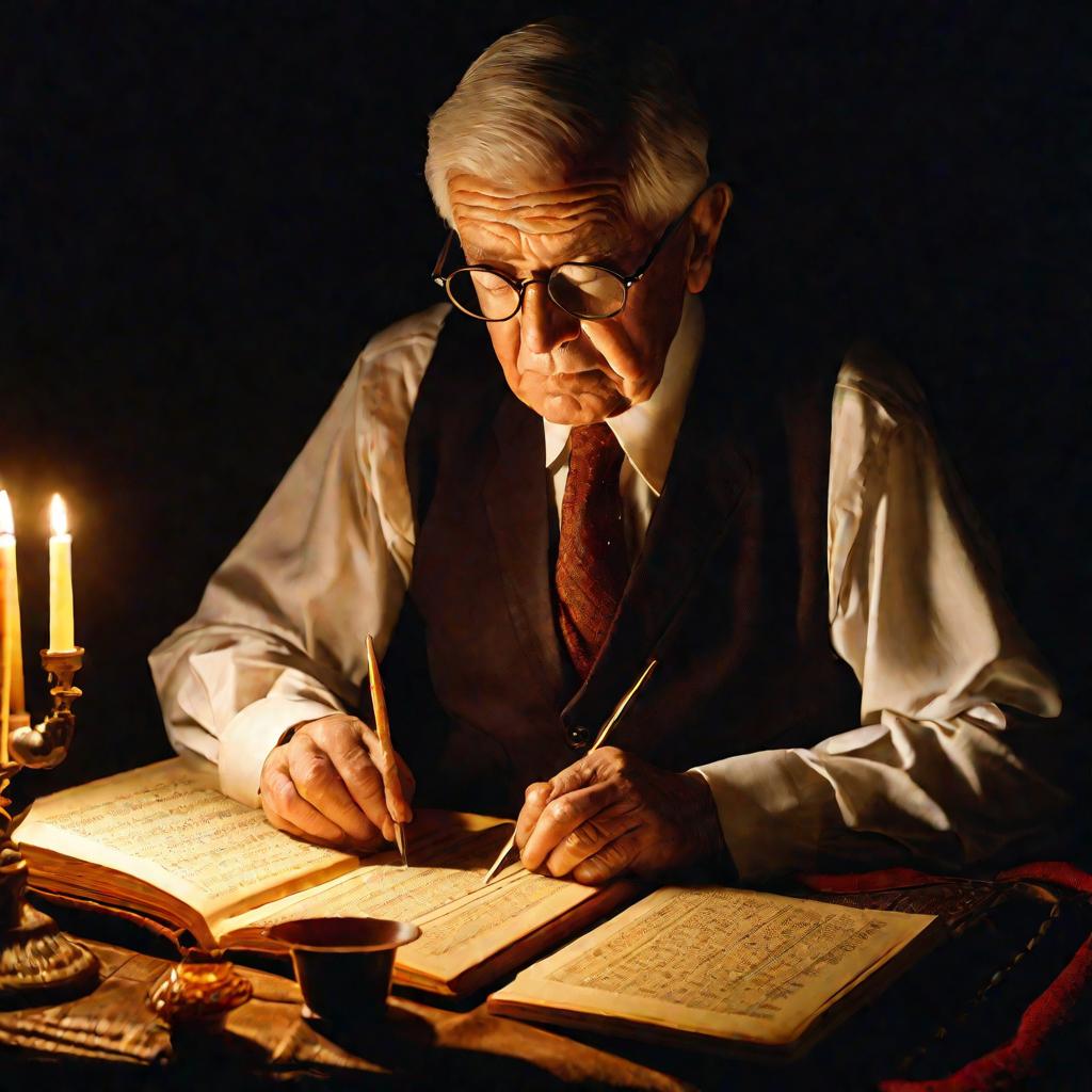 Старый бухгалтер проверяет бухгалтерские книги при свете свечи