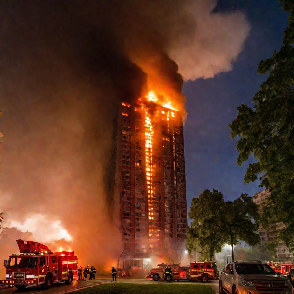 Пожарные тушат горящий многоэтажный дом ночью
