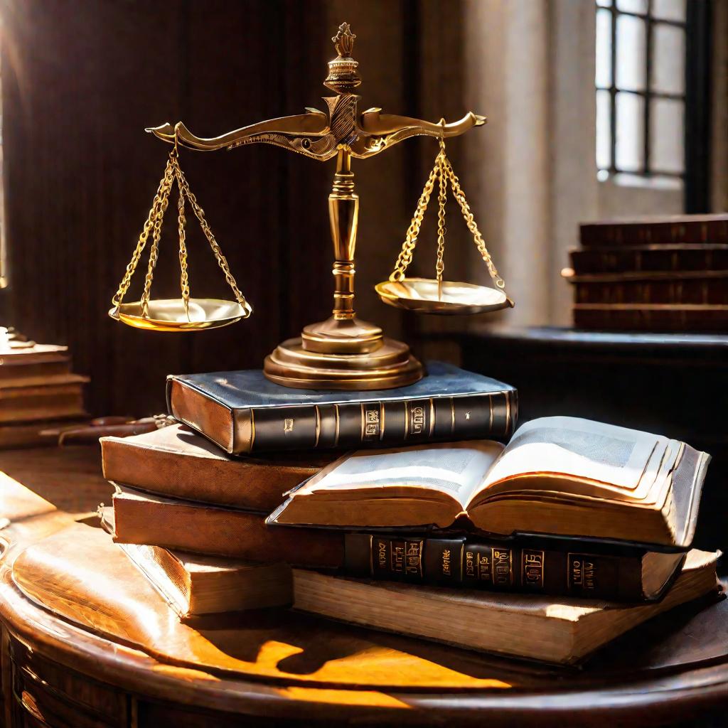 Книги законов, весы правосудия и молоток на столе в кабинете суда