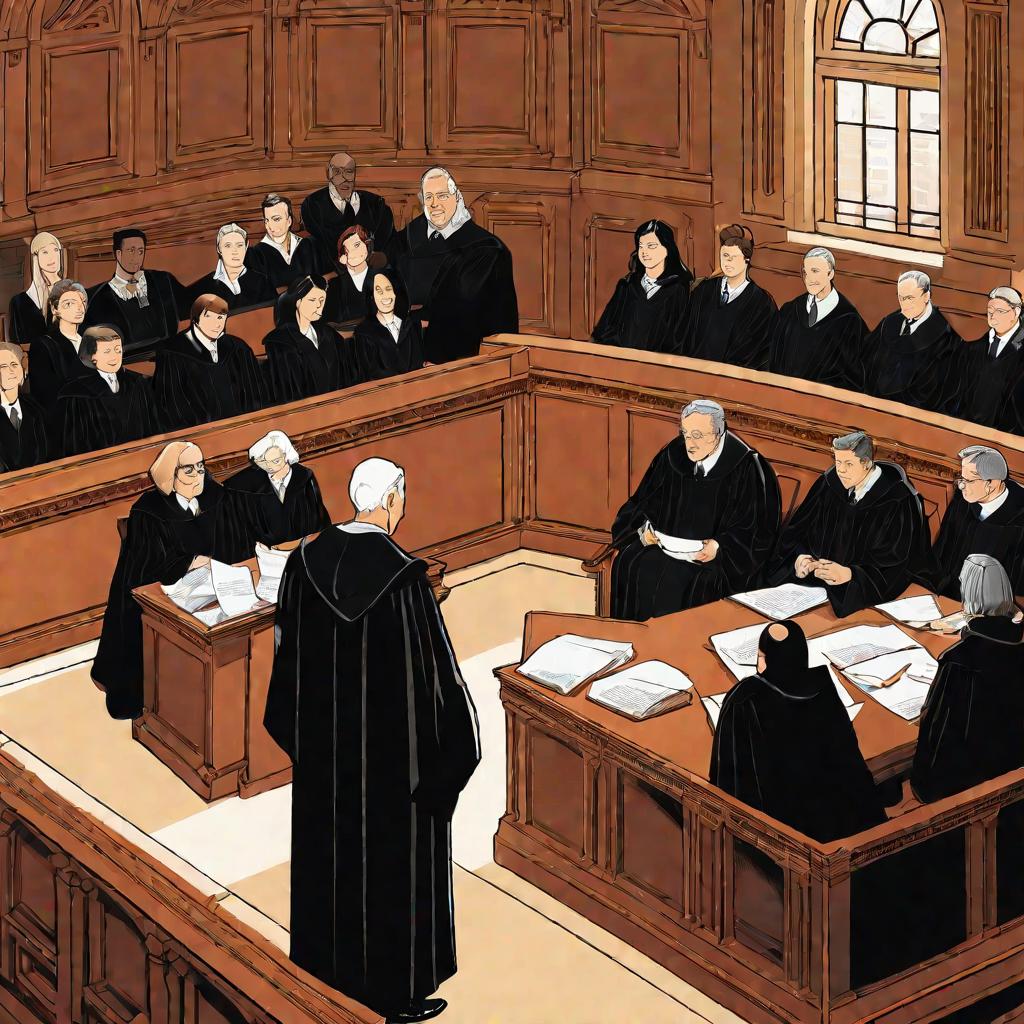 Судебное заседание в зале суда с судьей, свидетелем и адвокатами