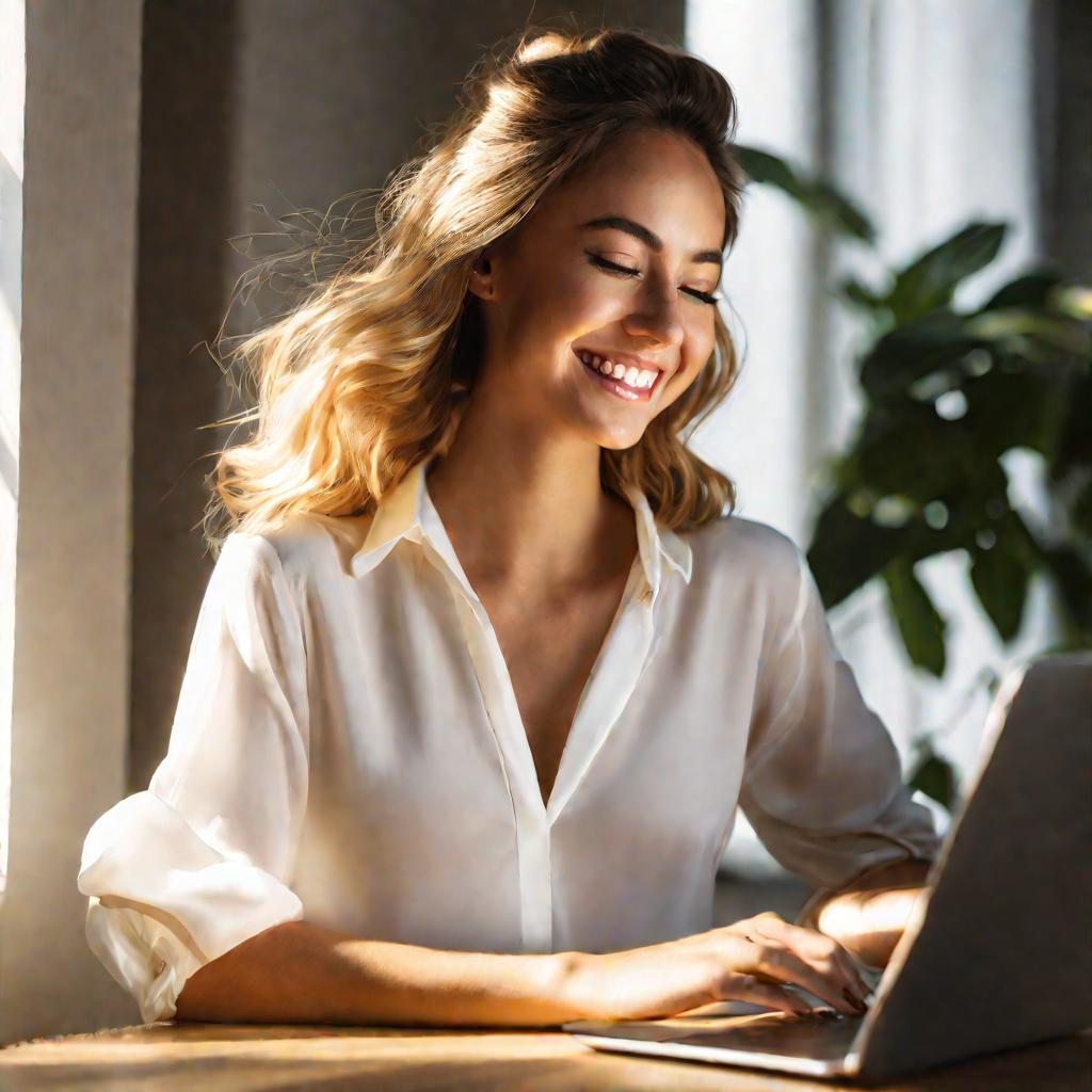 Портрет улыбающейся девушки, работающей на ноутбуке в лучах солнца из окна