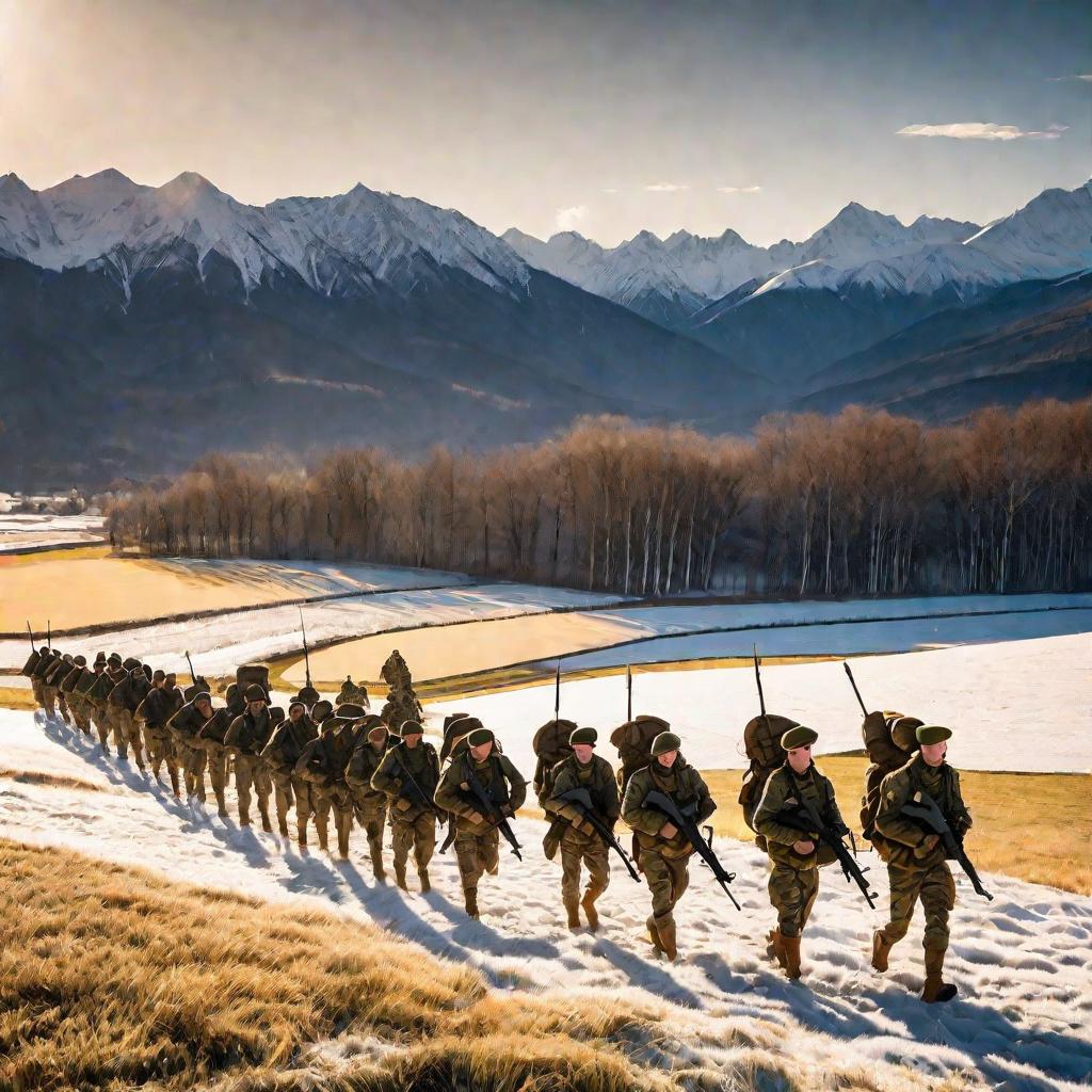 Пехотное подразделение марширует по полю перед горами