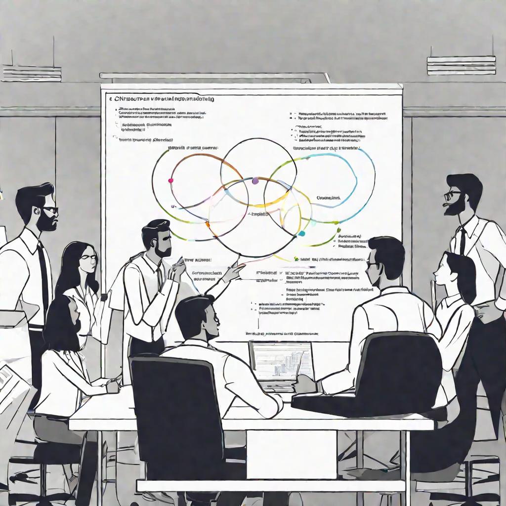 Вид снизу вверх на командное совещание в офисе, где на доске нарисованы диаграммы Венна, показывающие частичное пересечение между трудовой функцией и обязанностями, драматическое кинематографическое освещение сбоку.