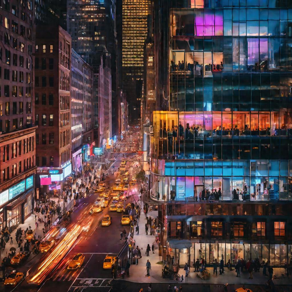 Вечерний нью-йорк, высокие небоскребы, спешит народ