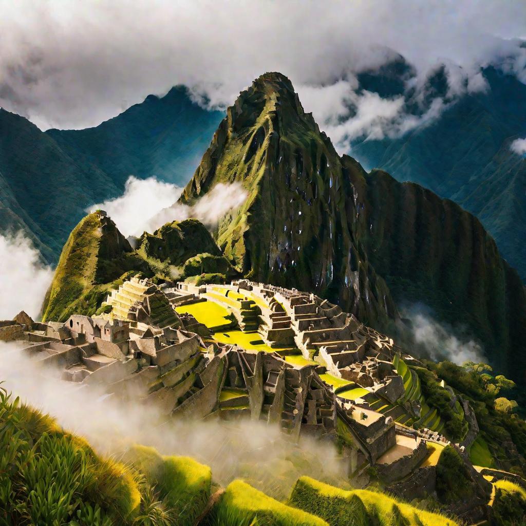 Широкий вид сверху на руины Мачу Пикчу в туманное утро с мягким золотым солнечным светом сквозь дымку. Видны густые зеленые горы и террасы со сложными архитектурными деталями