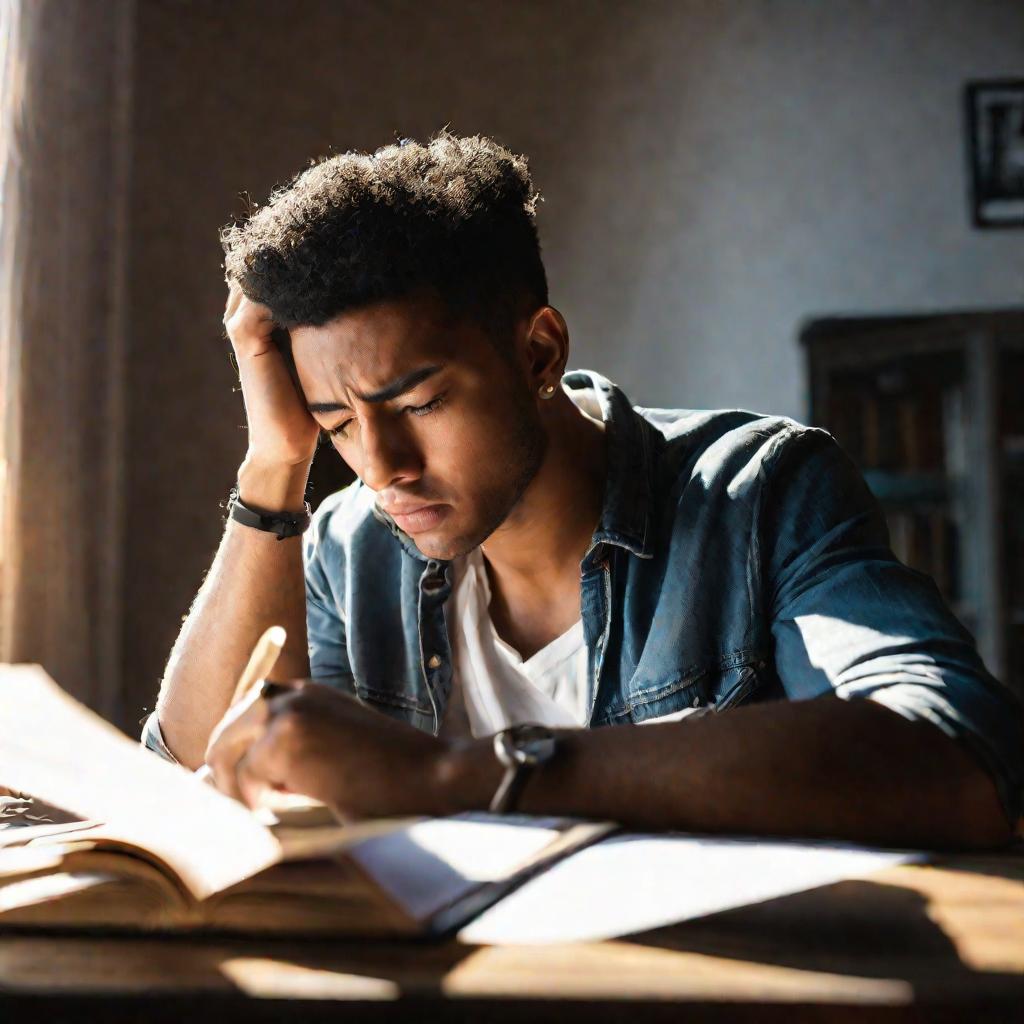 Молодой человек сидит за столом, держась за голову и глядя на открытое письмо рядом с ноутбуком. Часть озадаченного лица освещена солнечным светом из окна.