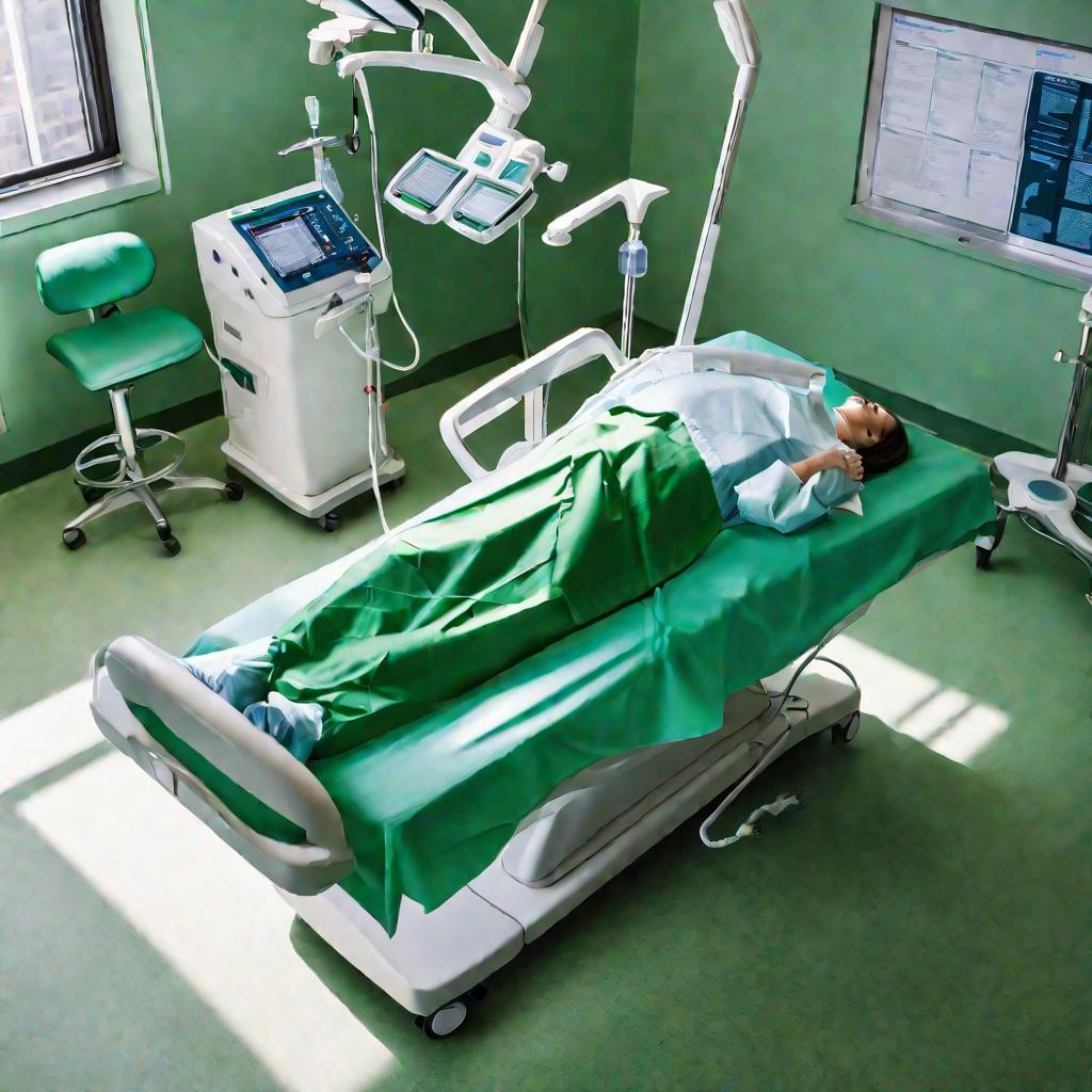 Вид сверху на пациента, лежащего на медицинском столе в кабинете врача с большим рентгеновским аппаратом, подвешенным над грудной клеткой и животом. Комната ярко освещена люминесцентными лампами.