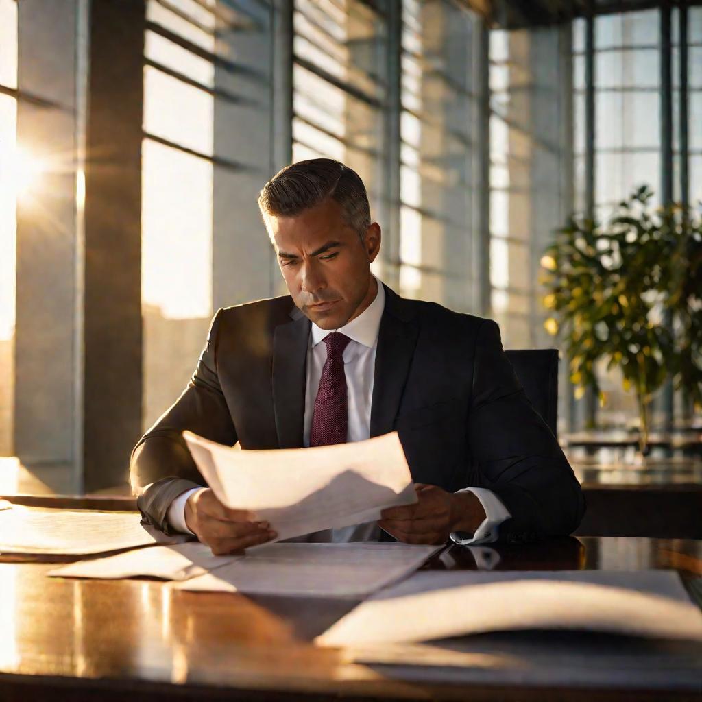 Адвокат в костюме сидит за столом в современном офисе и внимательно изучает юридические бумаги в теплом закатном свете.