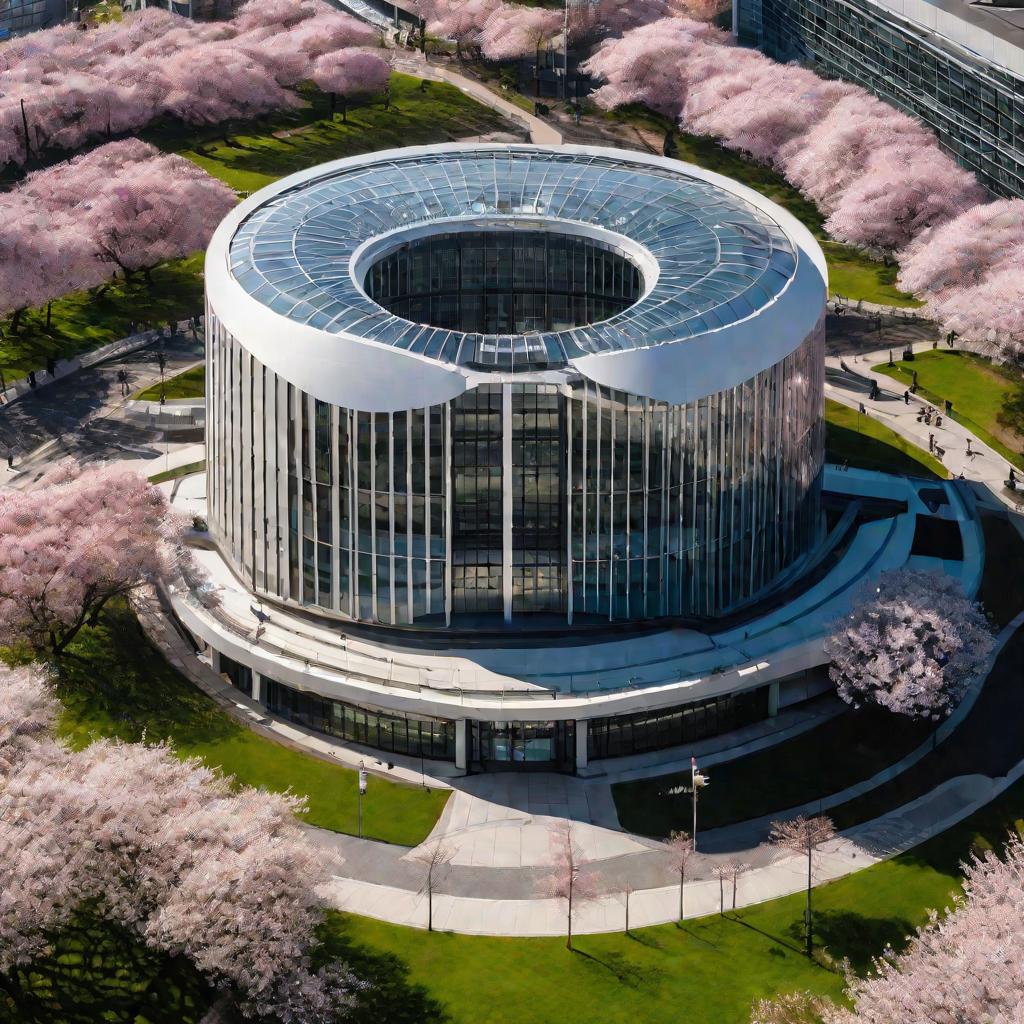 Широкий воздушный вид с дрона на оживленное здание патентного ведомства весной. Впереди цветут вишневые деревья.