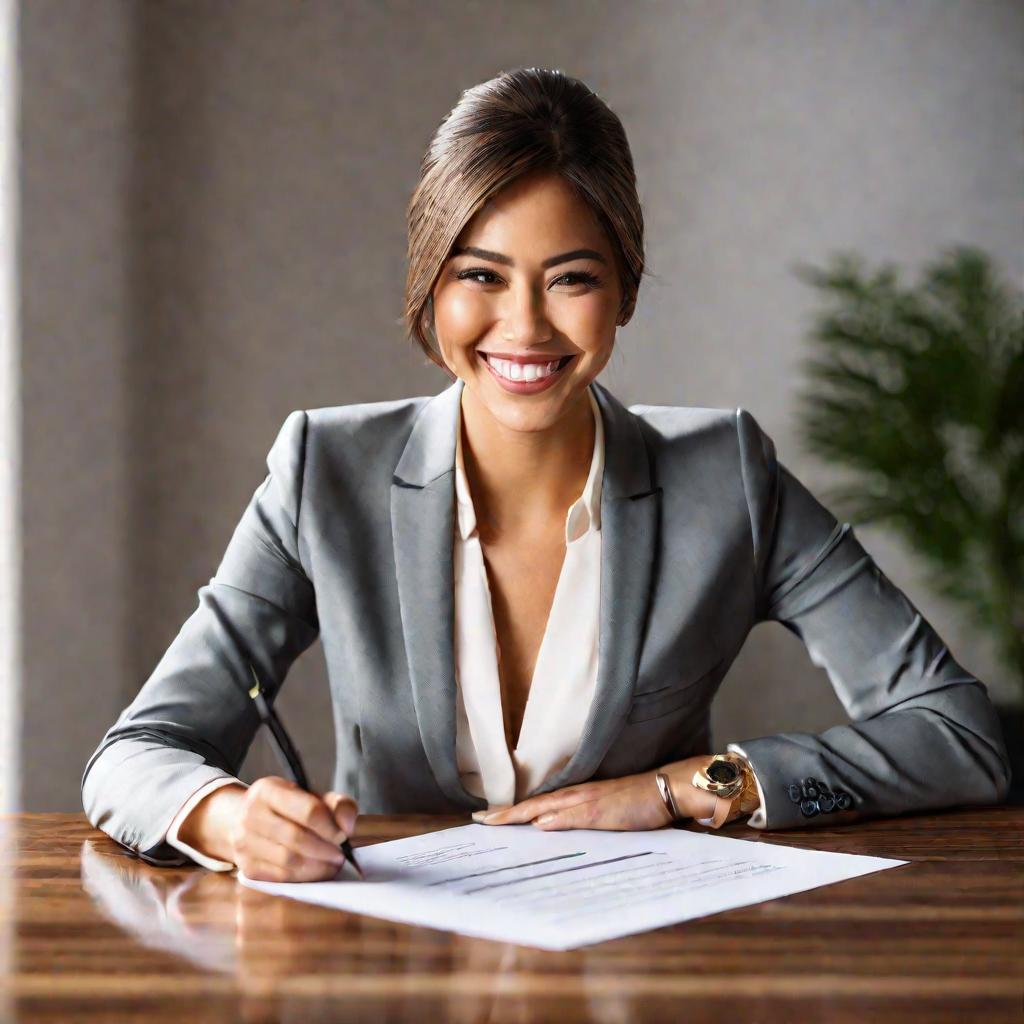 Портрет счастливой молодой женщины, подписывающей договор аренды.