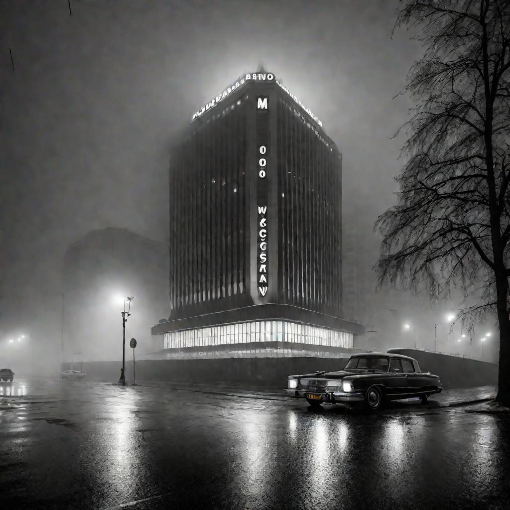 Черно-белое фото здания радио Эхо Москвы в тумане