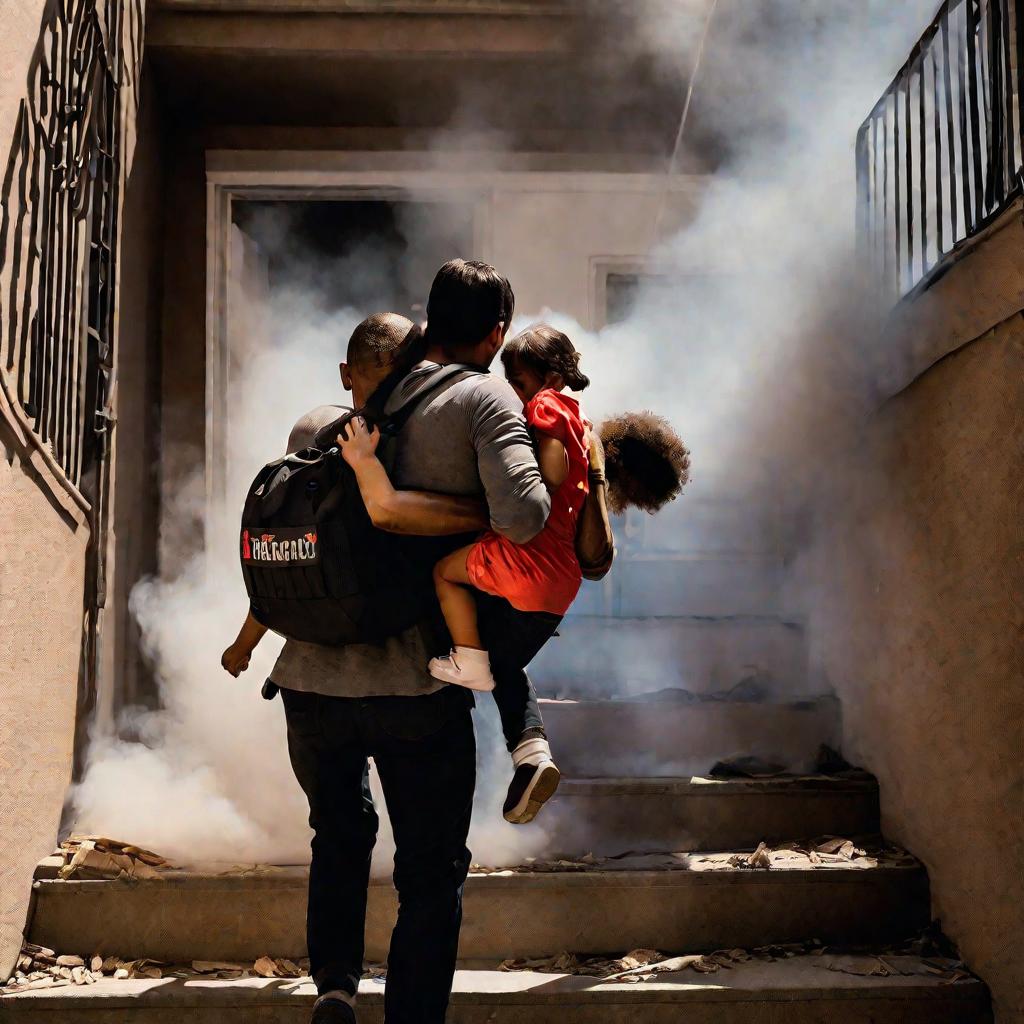 Семья эвакуируется из горящего дома