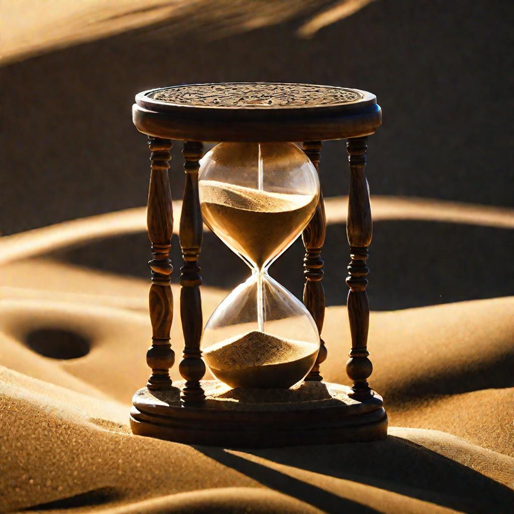 Детальный крупный план деревянных часов-песочных в теплом солнечном свете.