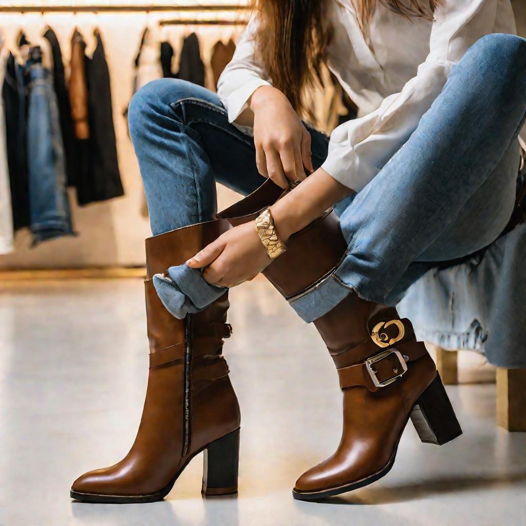 Девушка примеряет коричневые кожаные ботинки с каблуком в примерочной обувного магазина