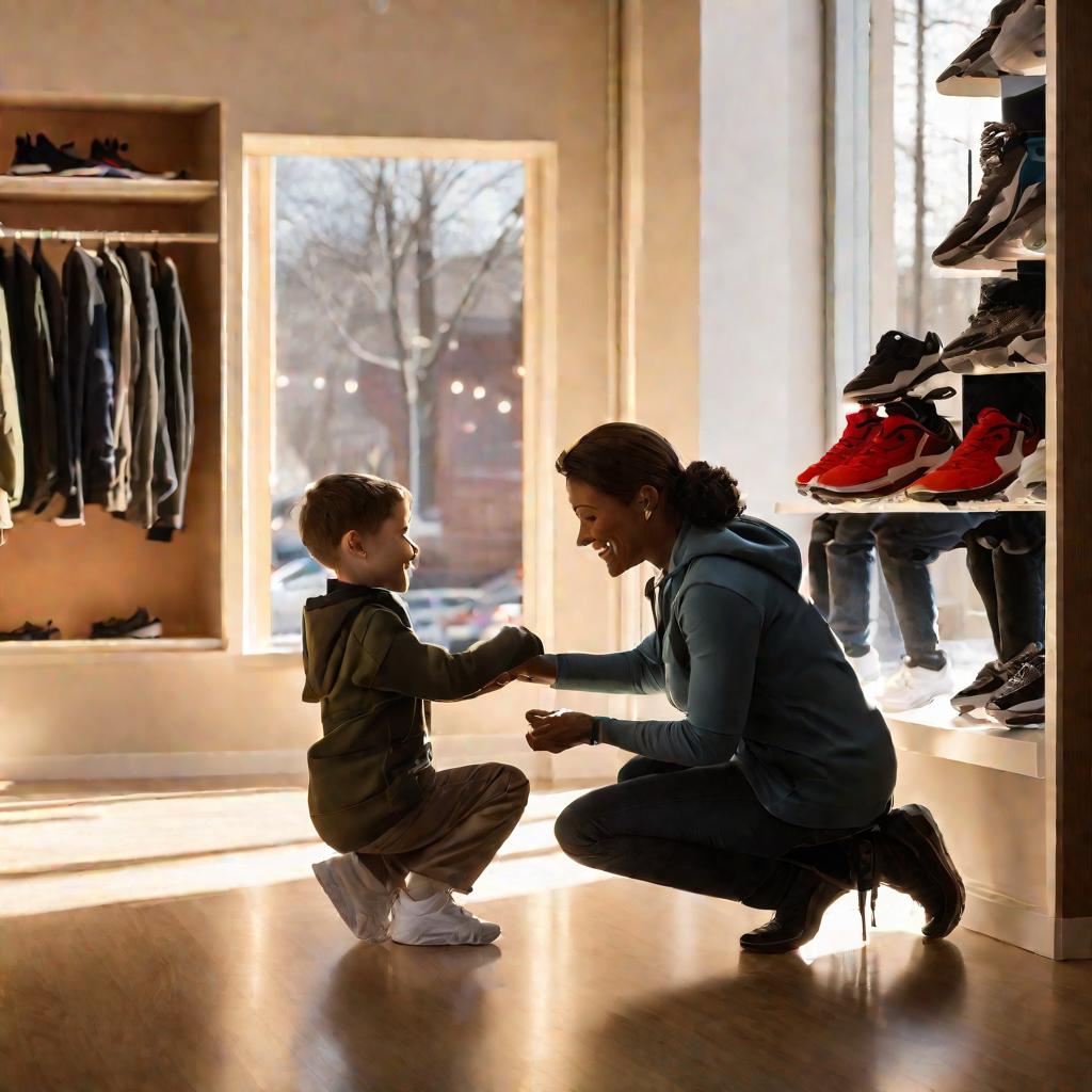 Продавец обувного магазина помогает мальчику подобрать кроссовки под руководством его мамы в солнечное зимнее утро