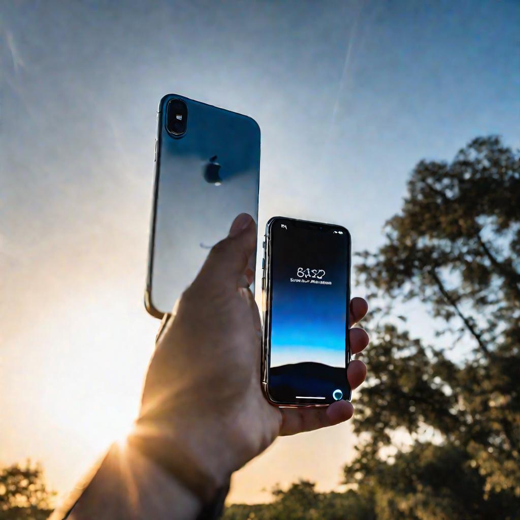 Рука держит айфон на фоне голубого неба