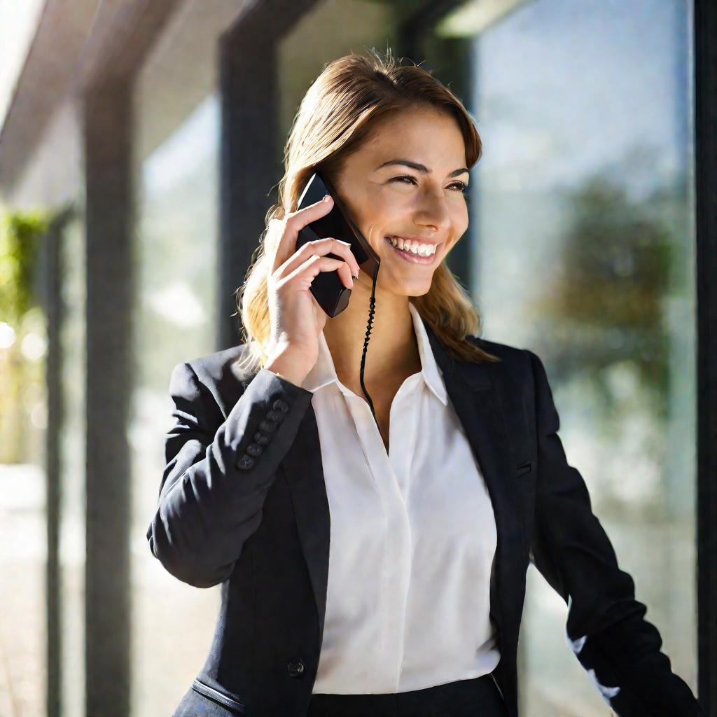 Крупный план молодой женщины в деловом костюме, разговаривающей по мобильному телефону перед отделением Хоум Кредита.