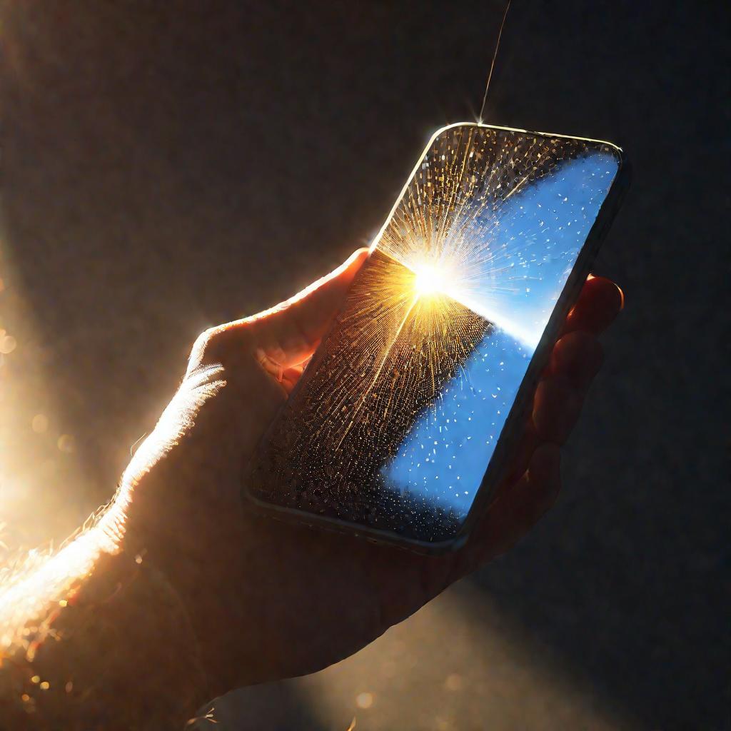 Вид сверху на руку, держащую телефон с треснувшим экраном на солнечном свету