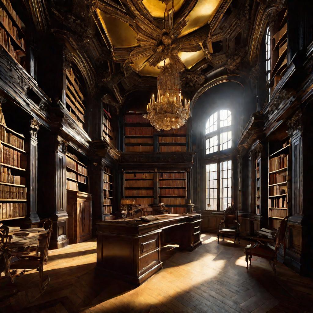 Интерьер старой библиотеки с солнечным светом из окна