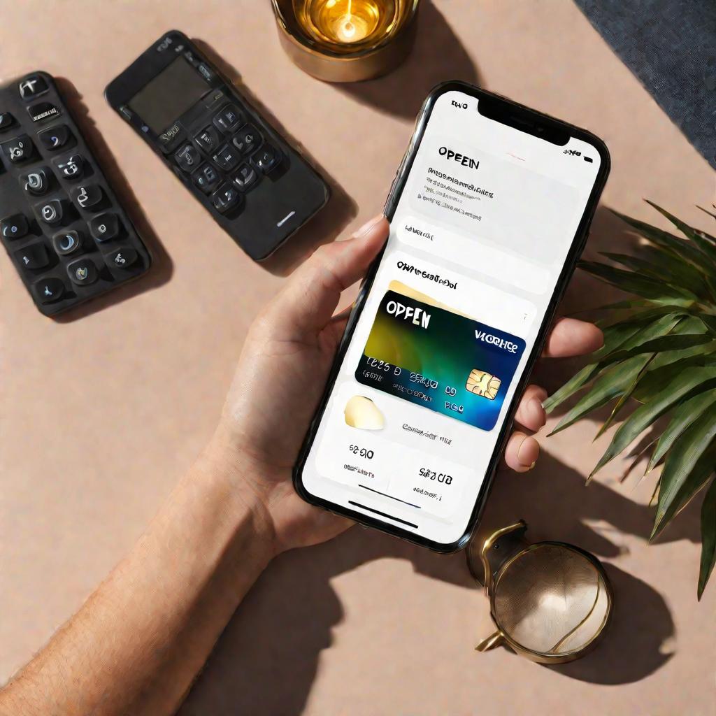 Рука держит карту над телефоном с приложением банка