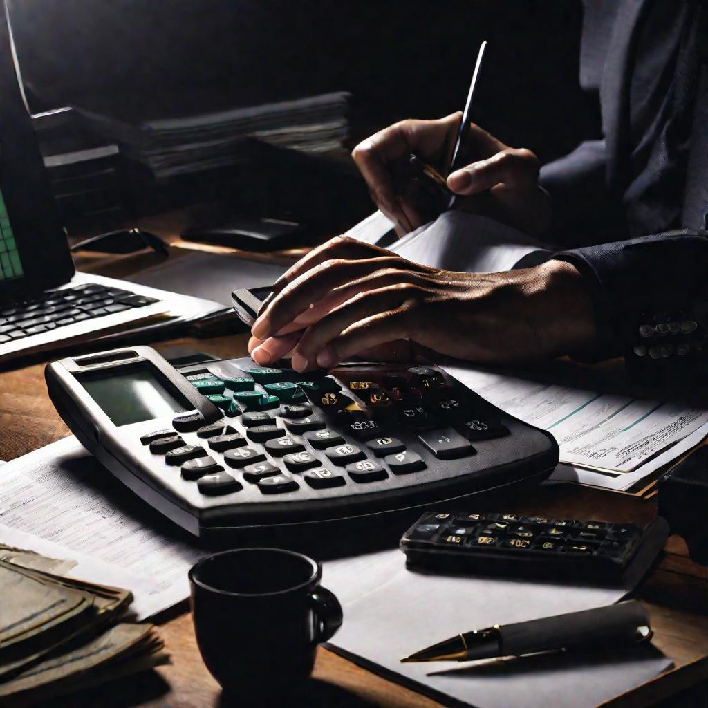 Руки бухгалтера с калькулятором и бумагами на рабочем столе