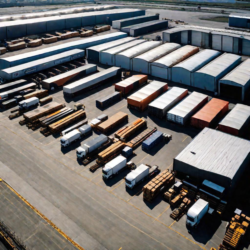 Погрузка товаров на грузовики на складе под открытым небом
