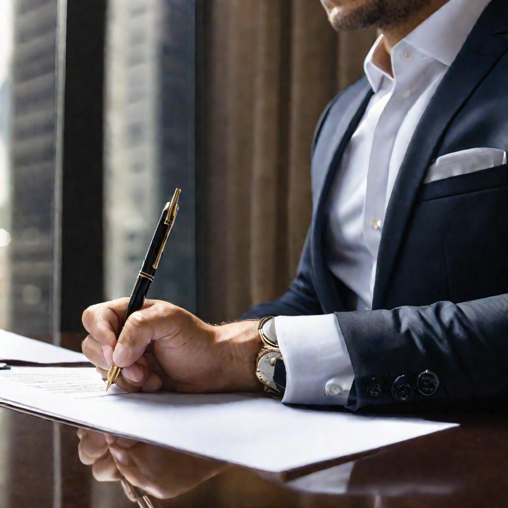 Портрет бизнесмена в костюме, подписывающего договор за столом в офисе.