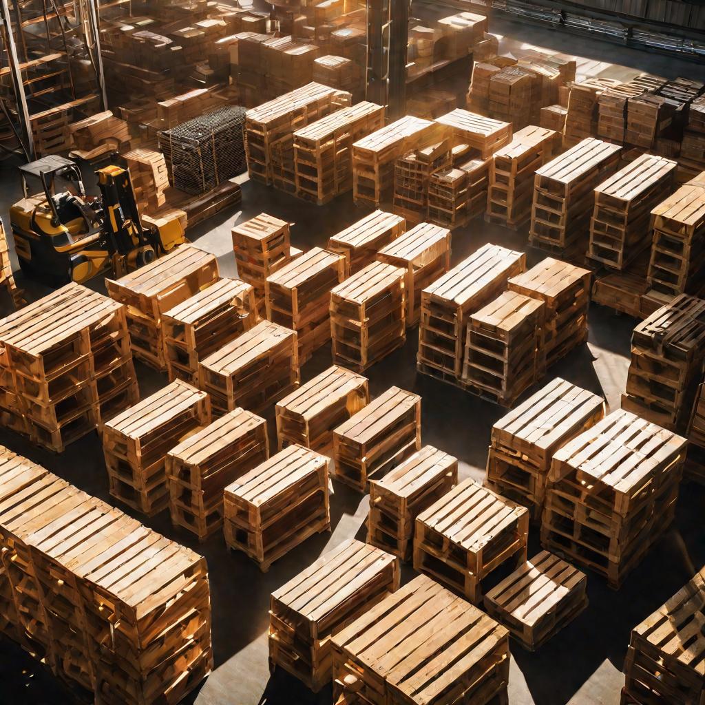 Вид сверху на склад с аккуратно сложенными деревянными ящиками и поддонами. Видны погрузчики и рабочие.