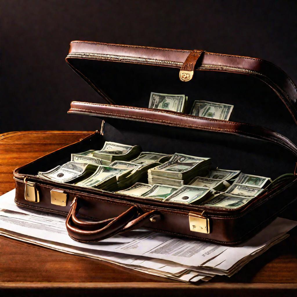 Открытый кожаный портфель на столе с деньгами и квитанцией об оплате