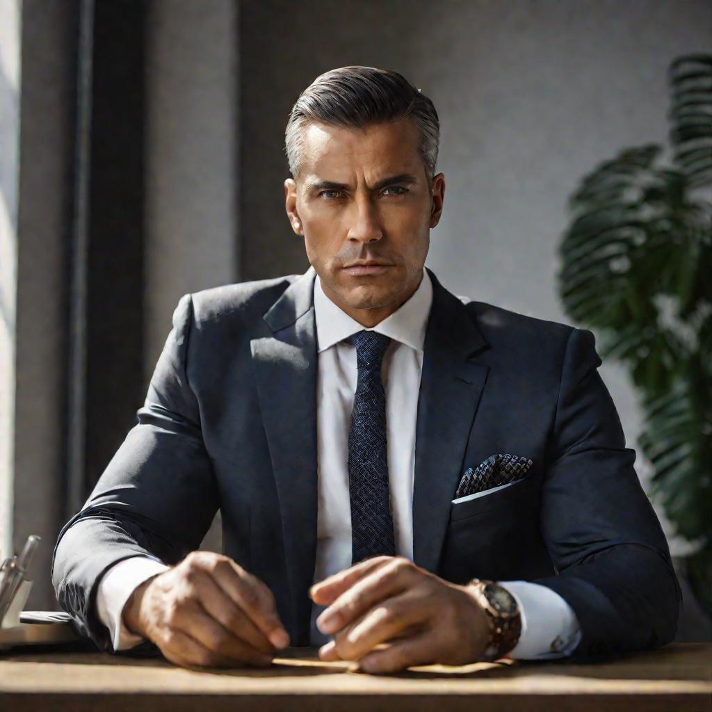 Портрет мужчины в костюме за рабочим столом в офисе.