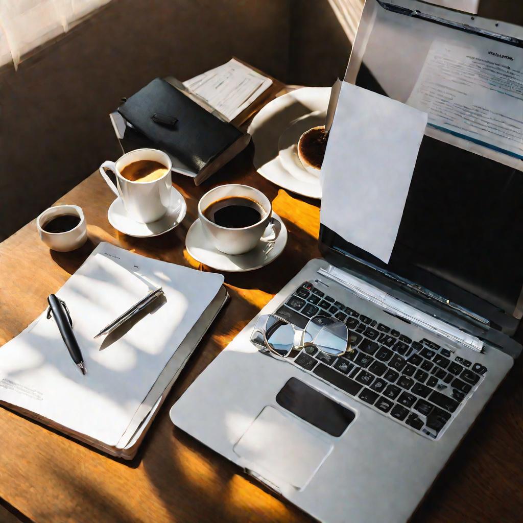 Вид сверху на стол с бумагами, ручкой, ноутбуком, кружкой кофе и телефоном.