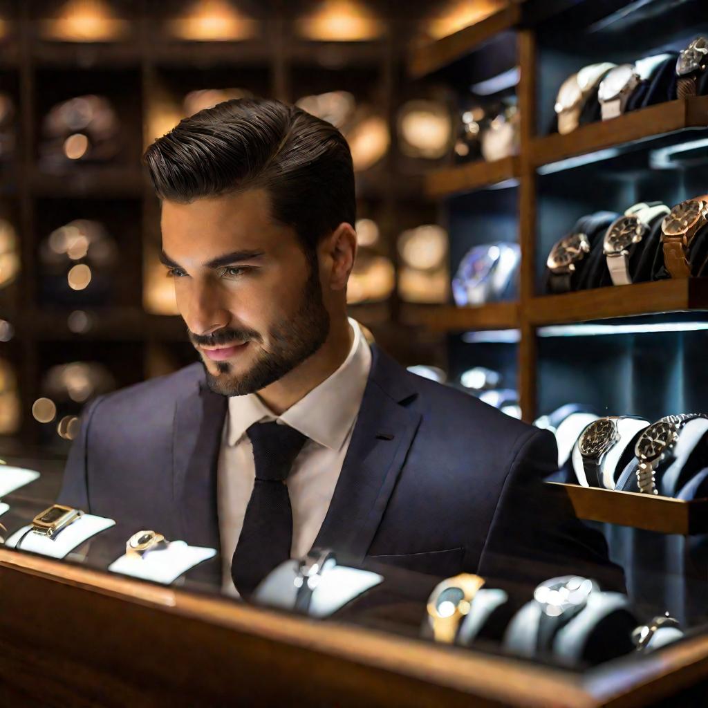 Портрет продавца в эксклюзивном бутике одежды, показывающего мужчине разные модели дорогих часов.