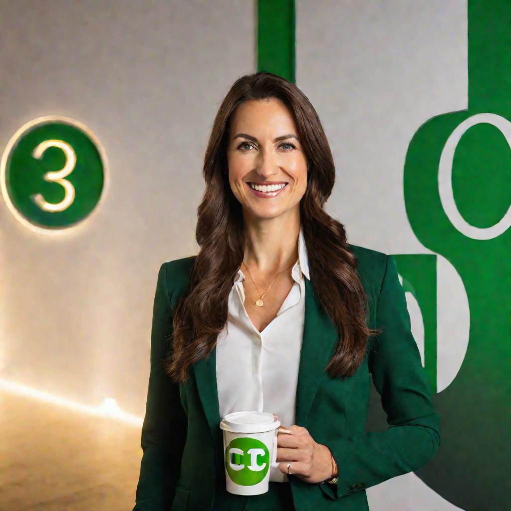 Портрет женщины в офисной одежде на фоне логотипа 1С с кофе