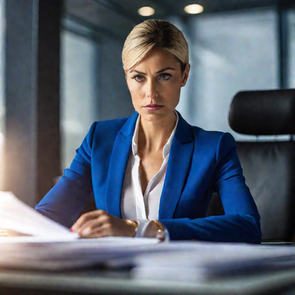 портрет деловой женщины в костюме за столом в офисе