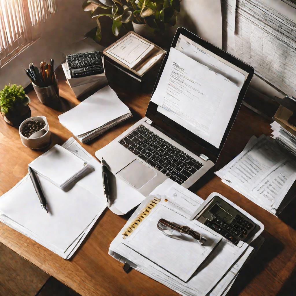 рабочий стол с ноутбуком, документами и канцелярией