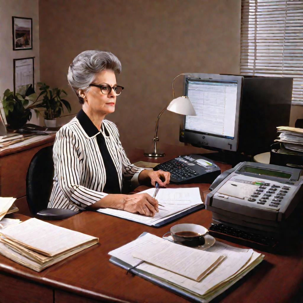 Пожилая бухгалтерша работает в небольшом офисе за компьютером