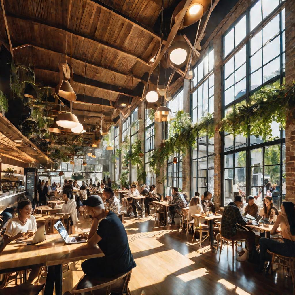 Люди пользуются гаджетами в светлом кафе