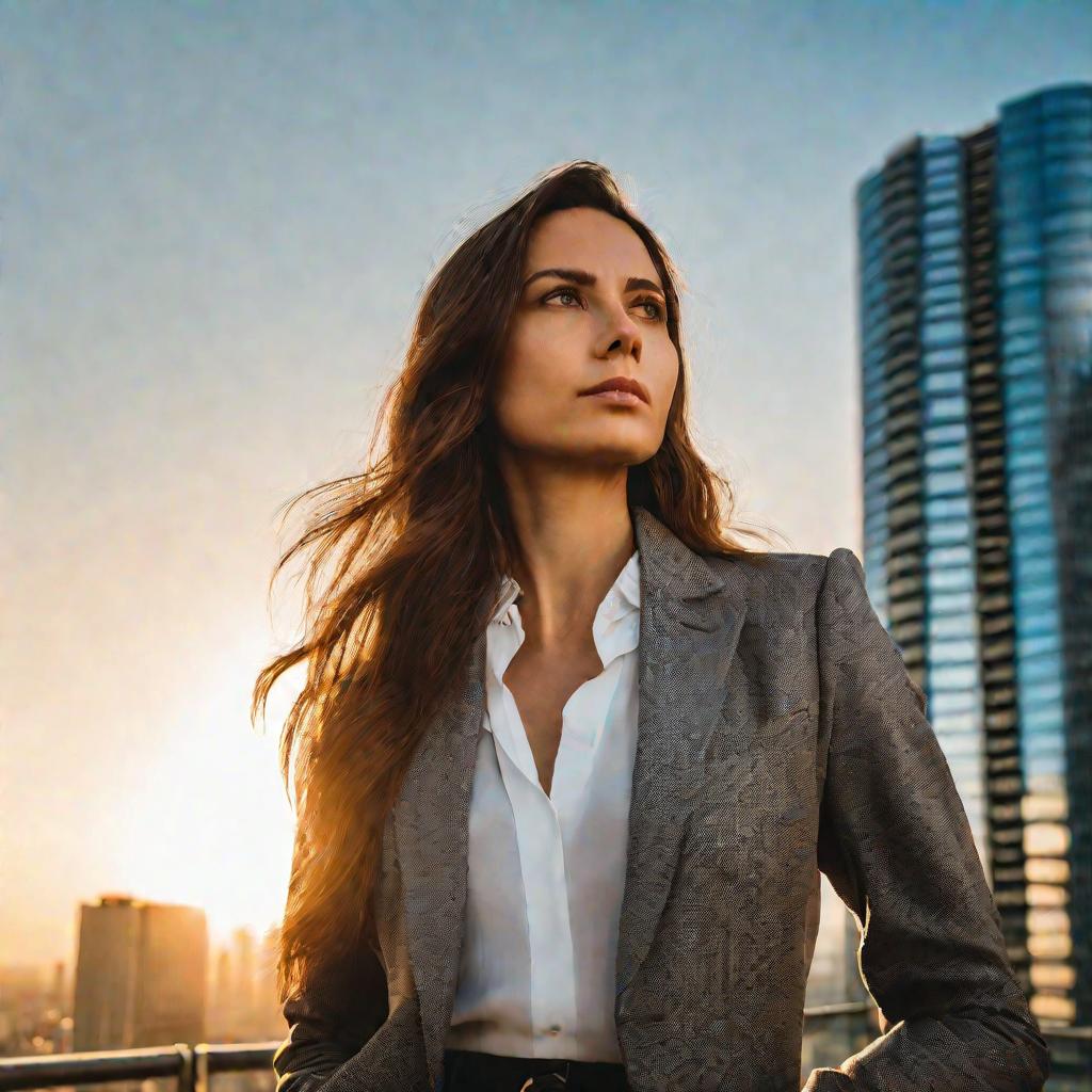 Портрет задумчивой женщины на фоне небоскребов