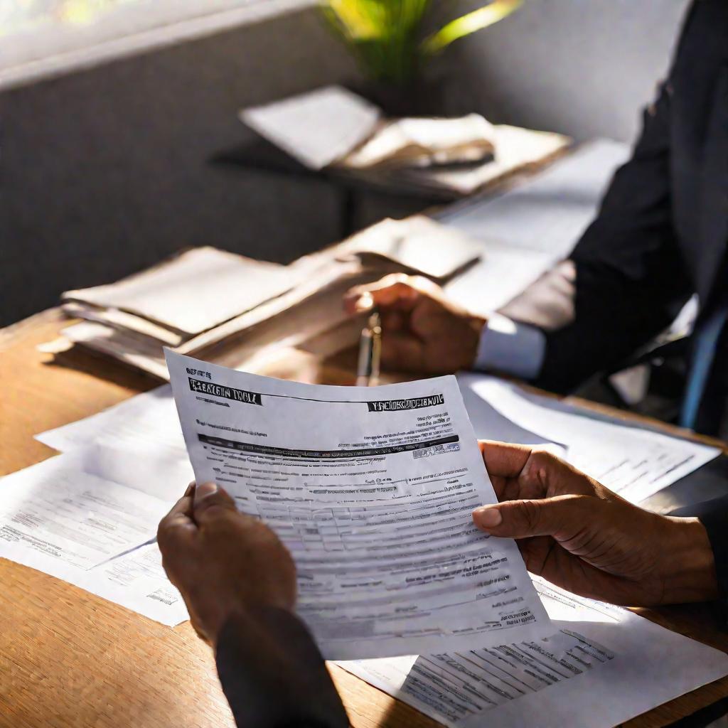 Руки бухгалтера держат принятое налоговой заявление на столе