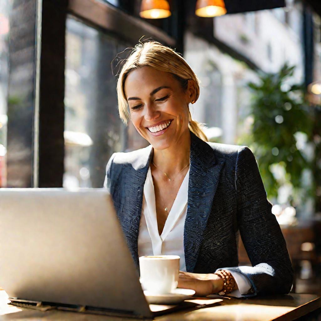 Женщина работает в кофейне с ноутбуком