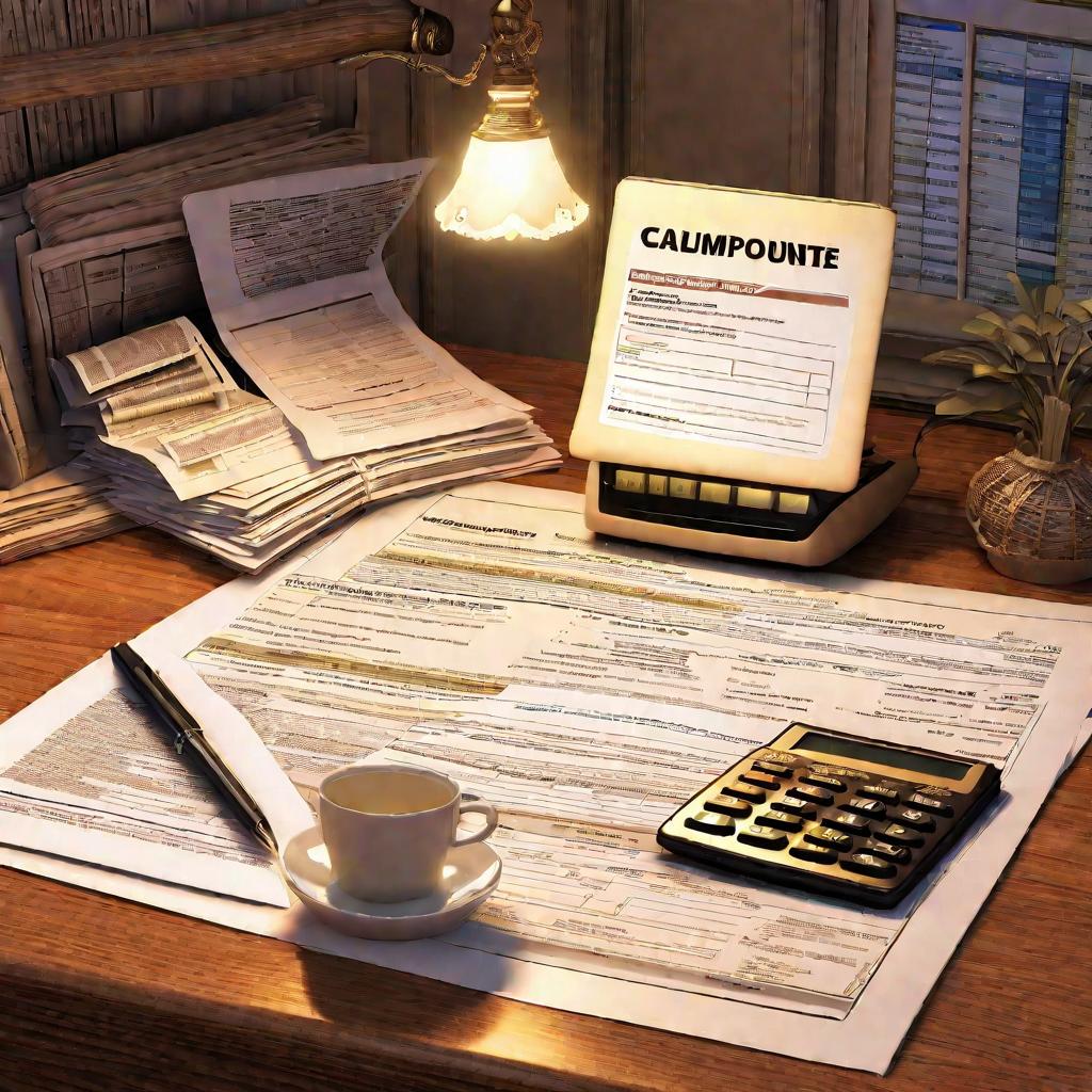 Документы и бумаги, связанные с налогами на недвижимость, освещенные лампами на столе ночью