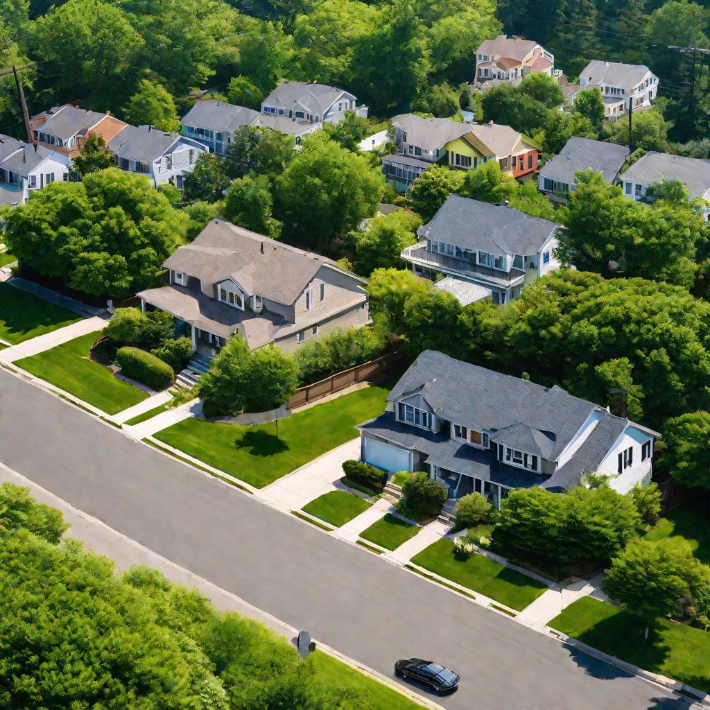 Район с одноэтажными домами и зелеными газонами, на каждом доме табличка &laquo;на продажу&raquo;
