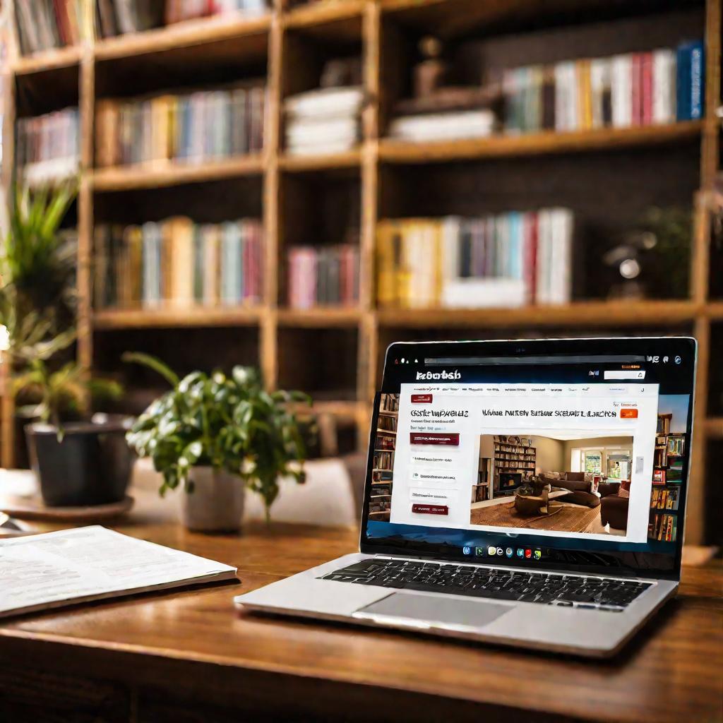 Ноутбук с открытым сайтом недвижимости и фотографиями домов