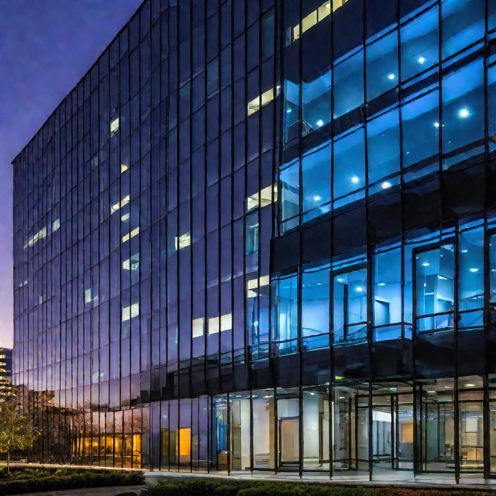 Широкий вид современного офисного здания из стекла с отражающими окнами в синий час. Освещенные окна символизируют работу допоздна, чтобы уложиться в налоговые сроки