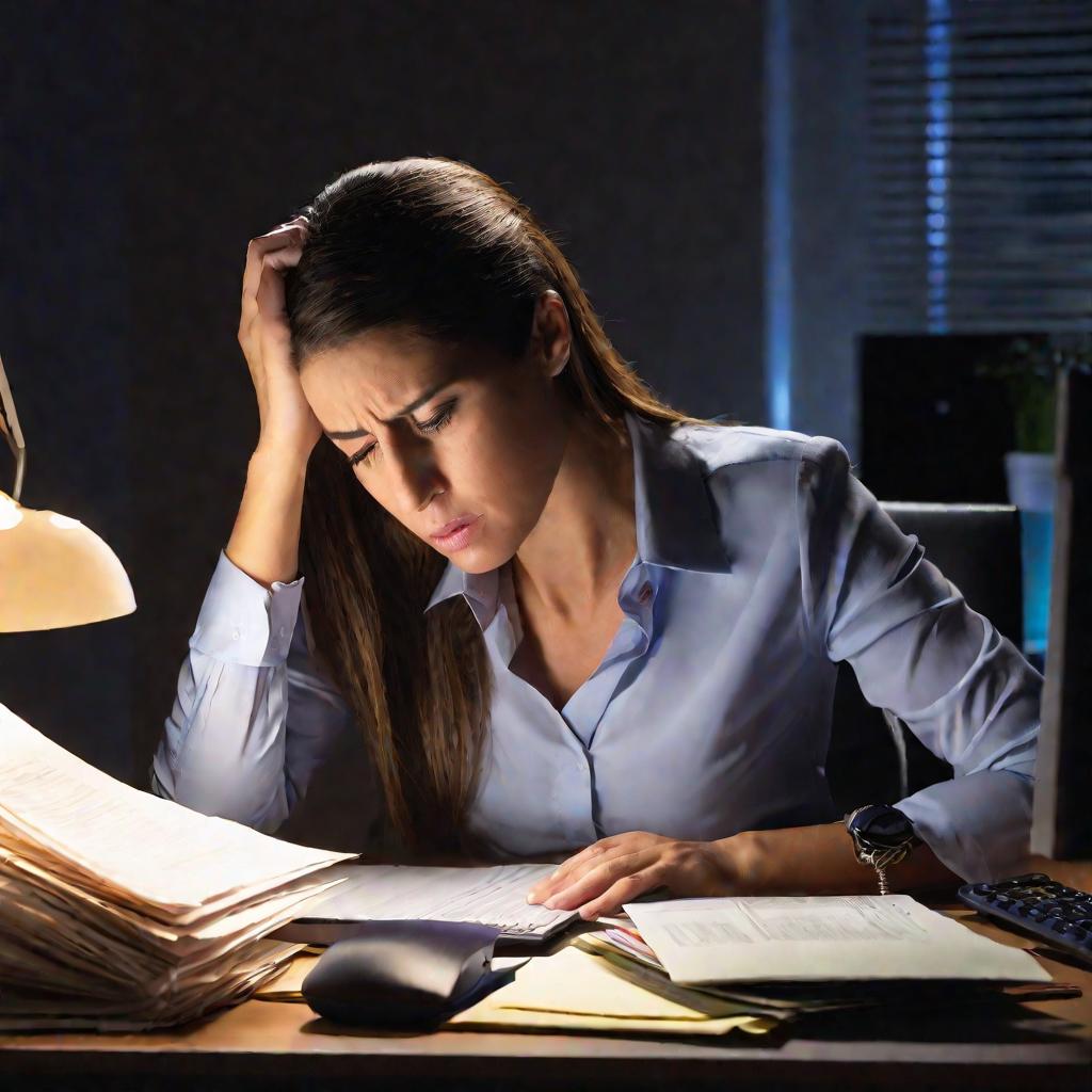 Уставшая бухгалтер допоздна работает в офисе