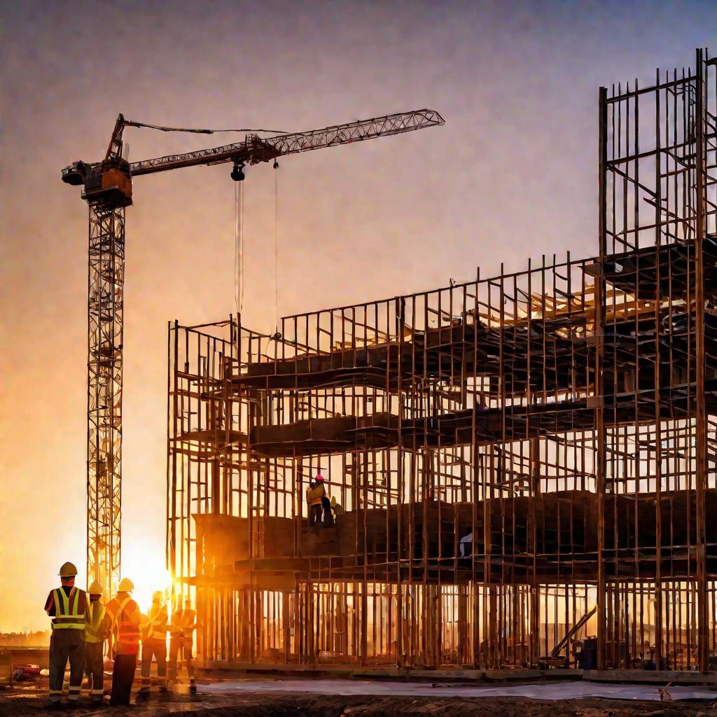 Строители на объекте на рассвете