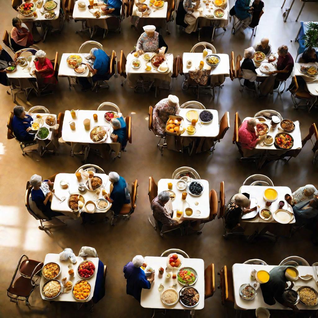 Пожилые пациенты завтракают вместе в светлой столовой больницы