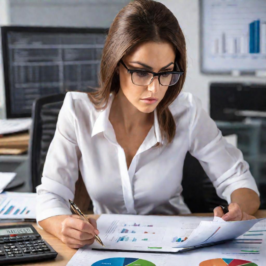 Портрет женщины-бухгалтера в офисе, внимательно изучающей таблицу с цифрами